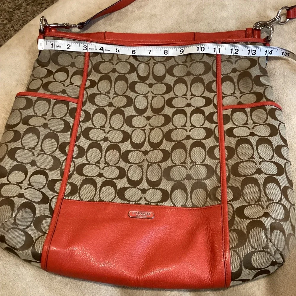 Coach Park Signature Hobo Shoulder Bag with Orange-Red Leather Trim - Picture 9 of 12